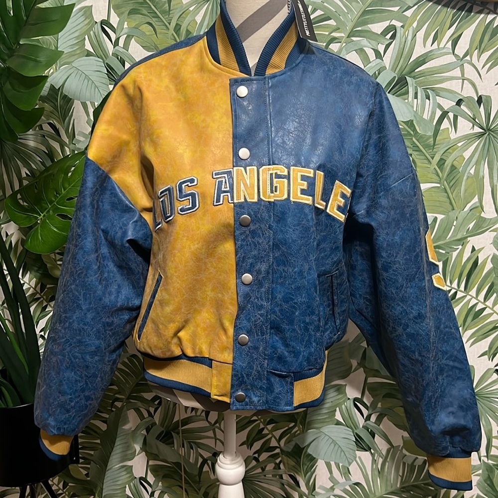 Women's Blue Contrast Panel Distressed Faux Leather Oversized Bomber Jacket